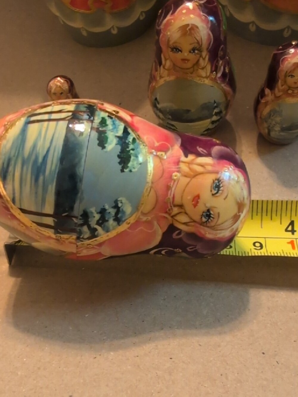 Hand-Painted Russian Nesting Doll - Pink & Purple Winter Scene - Picture 8 of 16